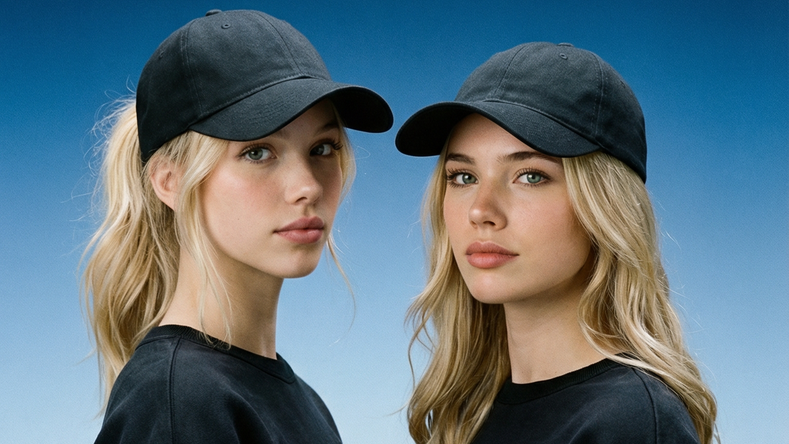 Two women wearing black caps and black outfits against a blue gradient background