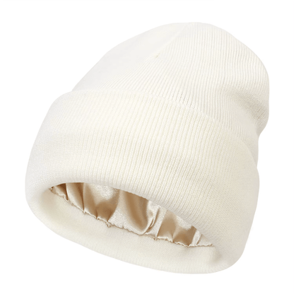white beige satin-lined beanie