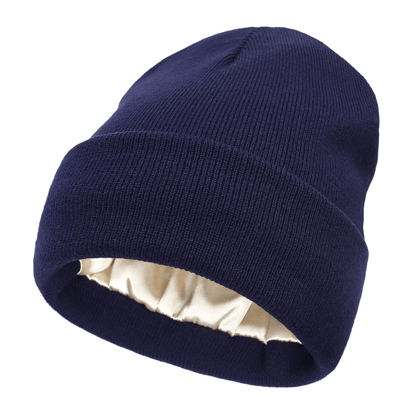 navy blue satin-lined beanie