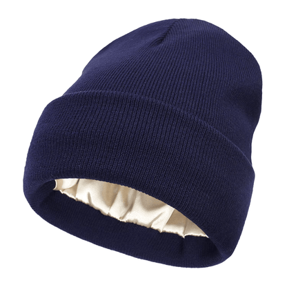 navy blue satin-lined beanie